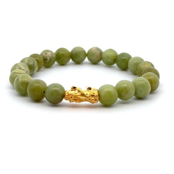 Unbranded Jewelry - Natural Peridot Stretchable Bracelet Size 7 with 24K Gold Dragon Pixiu
